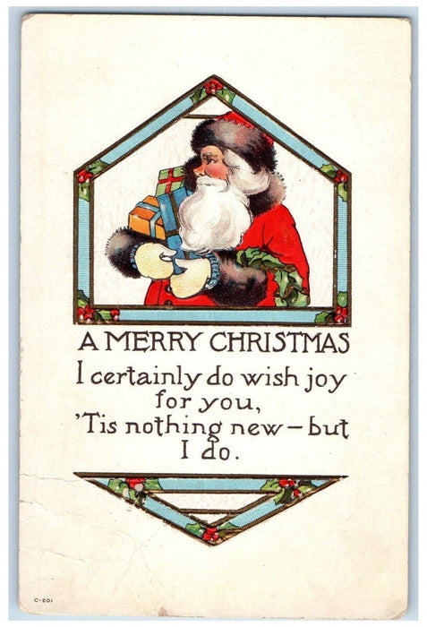 1916 Christmas Santa Claus With Gifts Holly Berries Embossed Wheaton IL Postcard