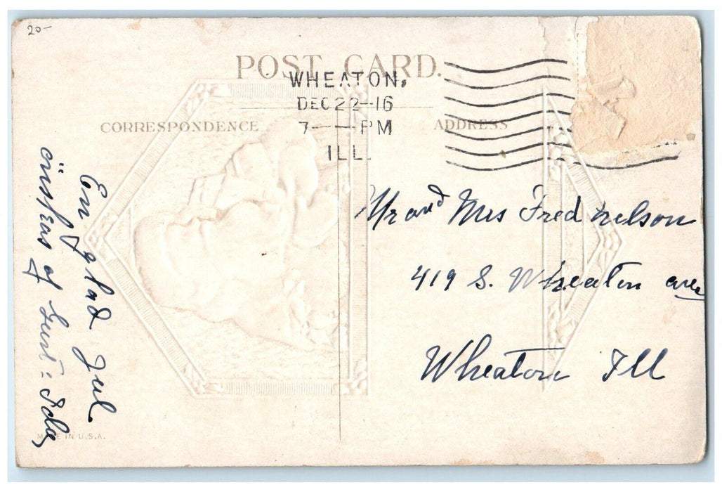 1916 Christmas Santa Claus With Gifts Holly Berries Embossed Wheaton IL Postcard