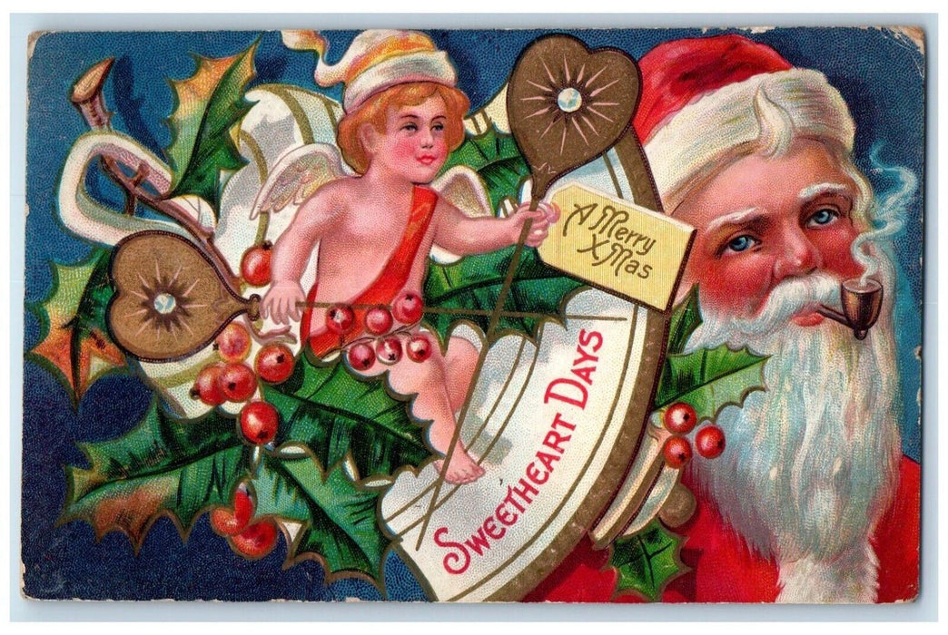 c1910's Christmas Santa Claus Smoke Pipe Angel Holly Berries Embossed Postcard