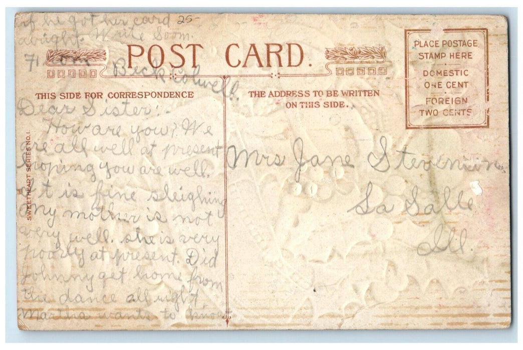 c1910's Christmas Santa Claus Smoke Pipe Angel Holly Berries Embossed Postcard