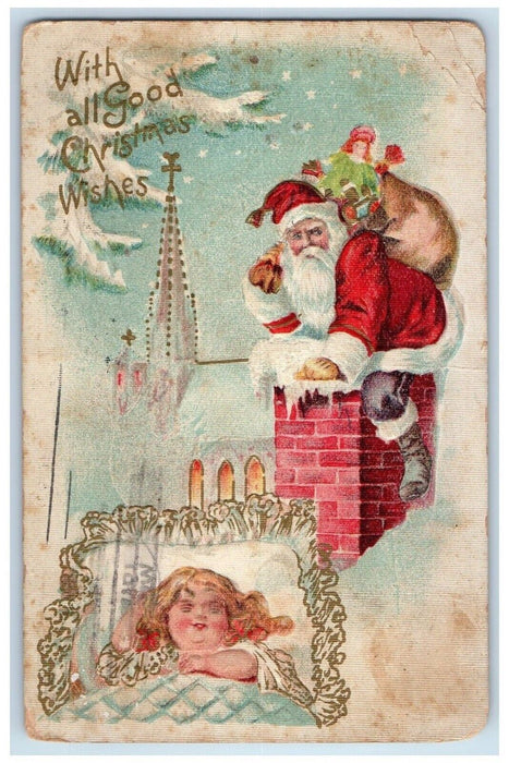 1911 Christmas Santa Claus Sack Of Toys Chimney Sleeping Child Embossed Postcard