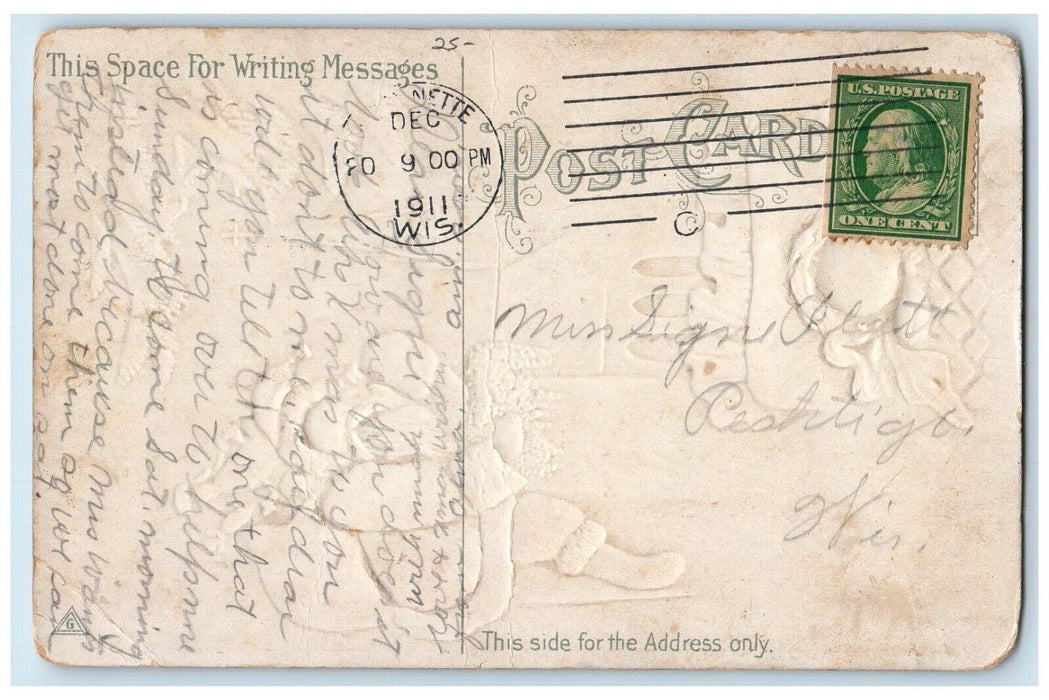 1911 Christmas Santa Claus Sack Of Toys Chimney Sleeping Child Embossed Postcard