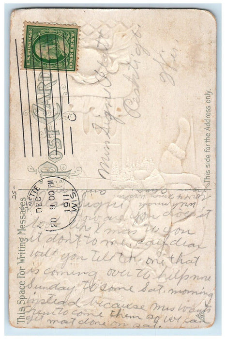 1911 Christmas Santa Claus Sack Of Toys Chimney Sleeping Child Embossed Postcard