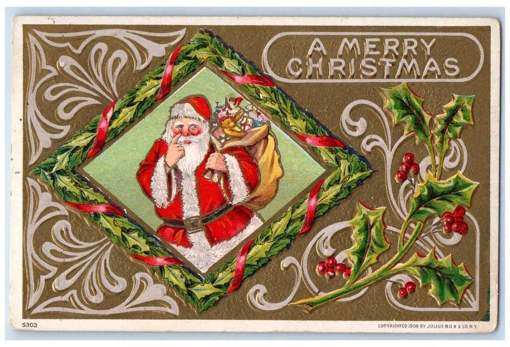 1908 Christmas Santa Claus Sack Of Toys Holly Berries Lee Center IL Postcard