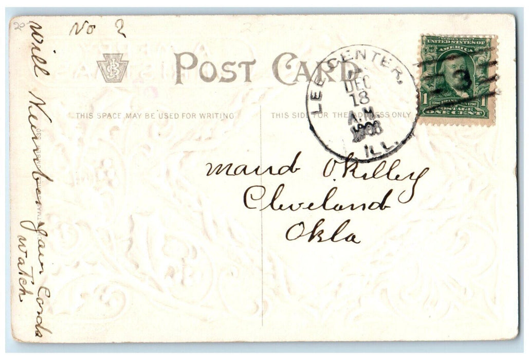 1908 Christmas Santa Claus Sack Of Toys Holly Berries Lee Center IL Postcard