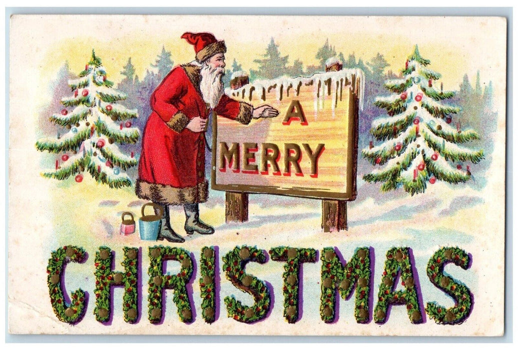 c1910's Christmas Tree Santa Claus Painter Large Holly Letters Embossed Postcard