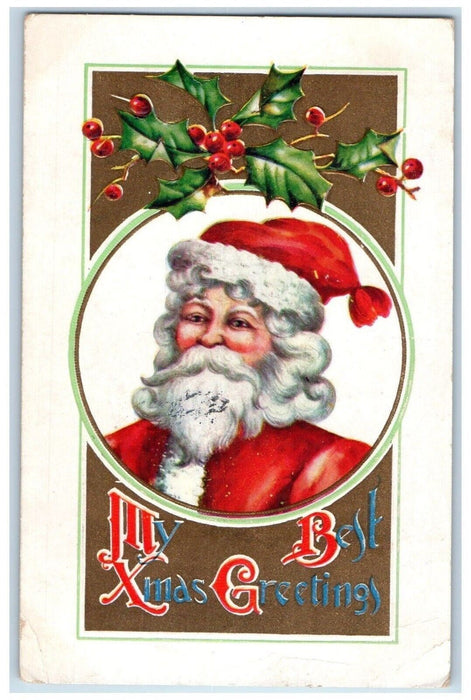 1909 Christmas Greetings Santa Claus Holly Berries Templeton WI Antique Postcard