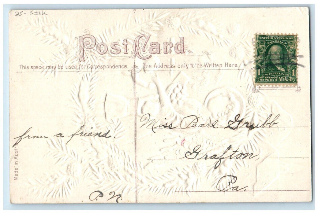 c1910's Christmas Tree Angel Children Pine Cone Snow Silk House Winter Postcard