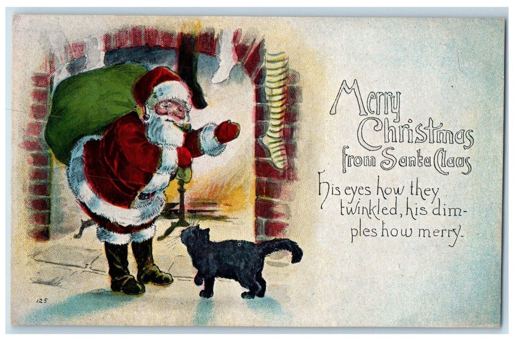 c1910's Christmas Santa Claus Sack Of Toys Stockings Black Cat Antique Postcard