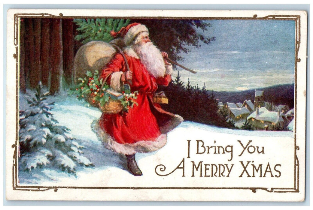 1926 Christmas Santa Claus Sack Of Toys Holly Berries Winter Snow Postcard