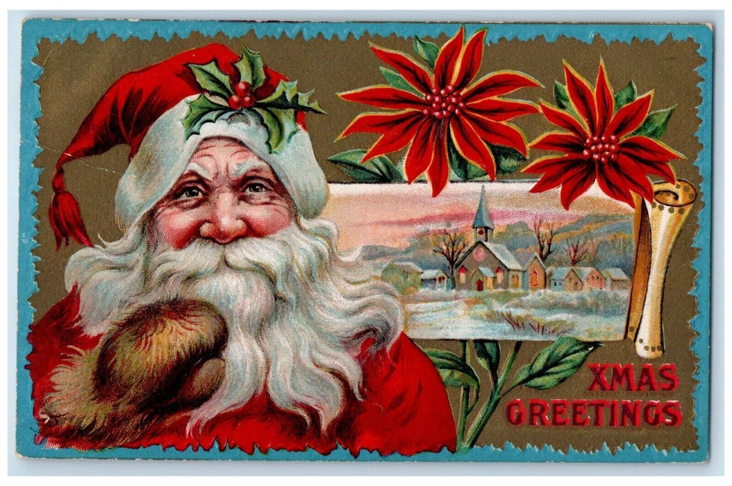 c1910's Christmas Santa Claus Holly Church House Poinsettia Flowers Postcard