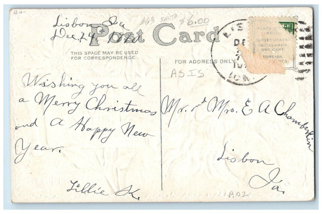 c1910's Christmas Santa Claus Holly Church House Poinsettia Flowers Postcard