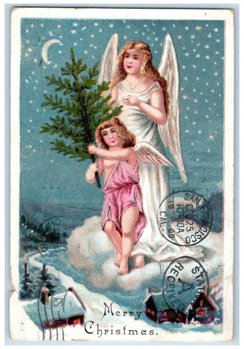 1905 Christmas Angels Pine Tree Crescent Stars Embossed Winter Antique Postcard