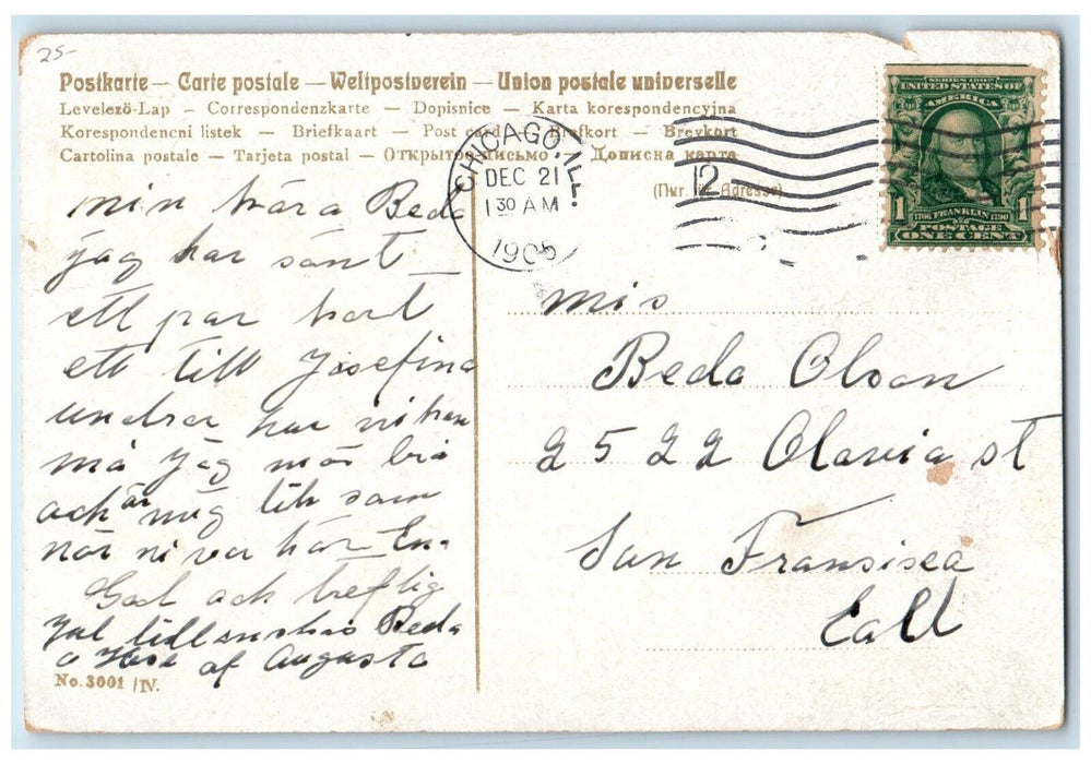 1905 Christmas Angels Pine Tree Crescent Stars Embossed Winter Antique Postcard