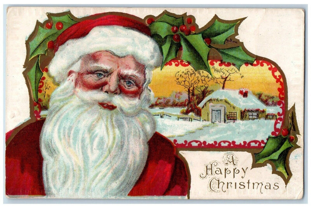 c1910's Christmas Santa Claus Holly Berries House Winter Snow Embossed Postcard