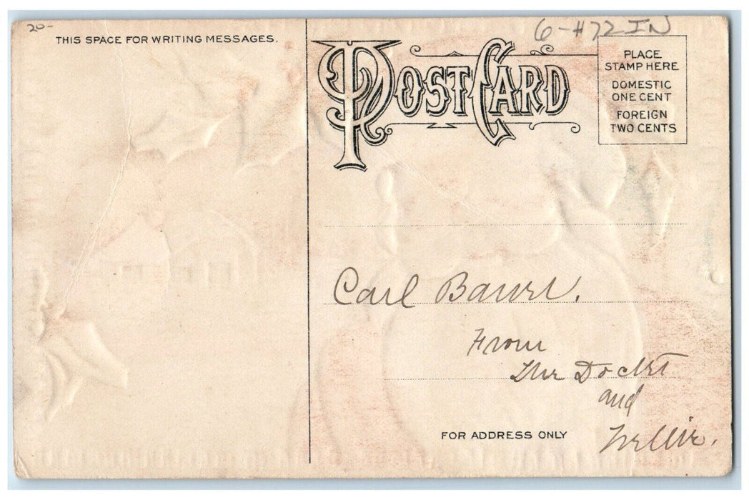 c1910's Christmas Santa Claus Holly Berries House Winter Snow Embossed Postcard