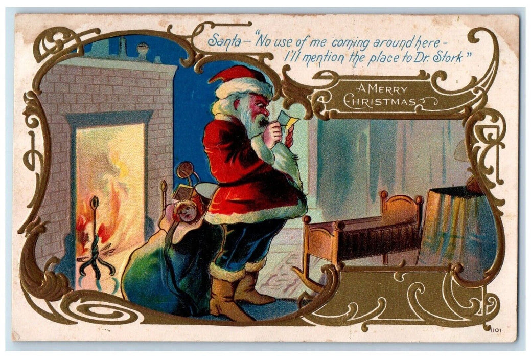 1911 Christmas Santa Claus Sack Of Toys Fireplace Checking List Antique Postcard