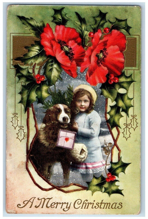 c1910's Christmas Holly Berries Little Girl Dog Snowfall Red Flowers Postcard