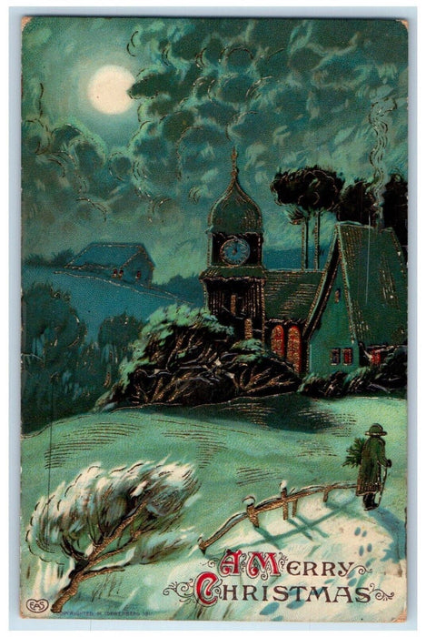 c1910's Christmas Church Clock Moon View Winter Snow Embossed Gel Postcard