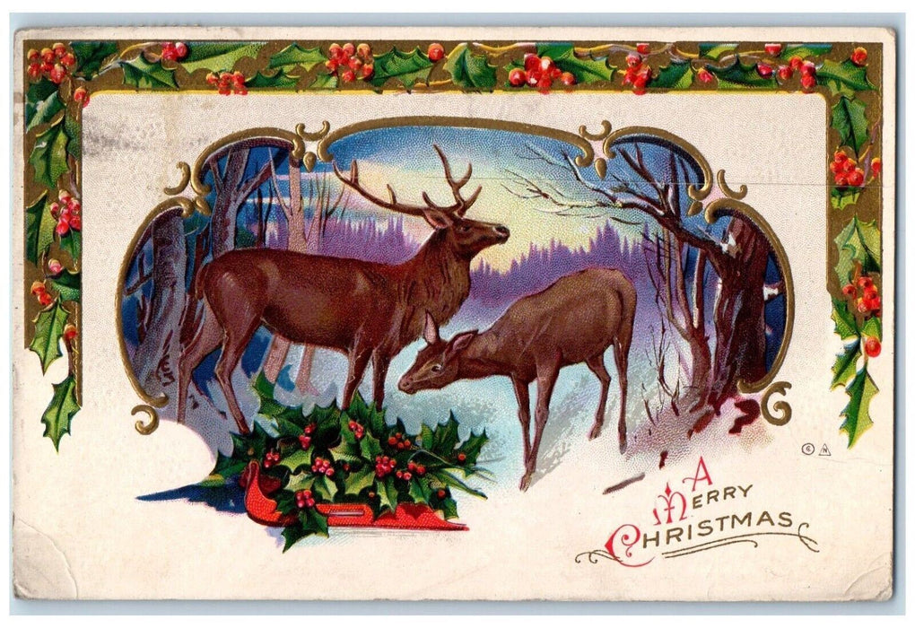 1912 Christmas Deer Holly Berries Winter Snow Embossed Gel Antique Postcard