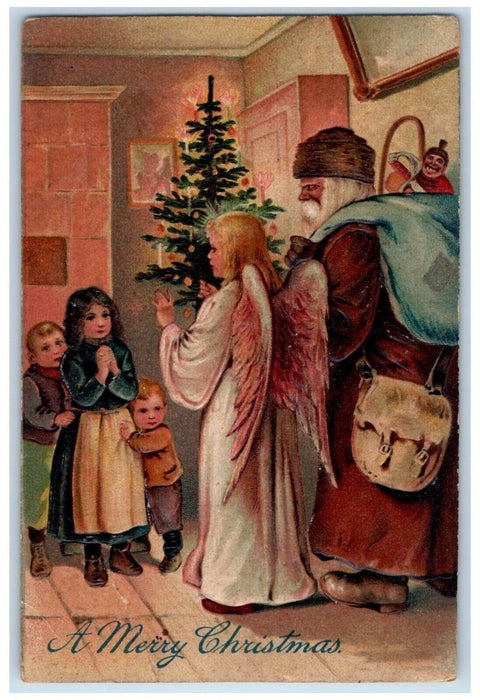 c1910's Christmas Tree Angel Brown Rove Old World Santa Sack Of Toys Postcard