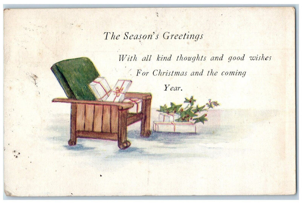1922 Christmas Seasons Greetings Stickley Arts Crafts Chair Vintage Postcard