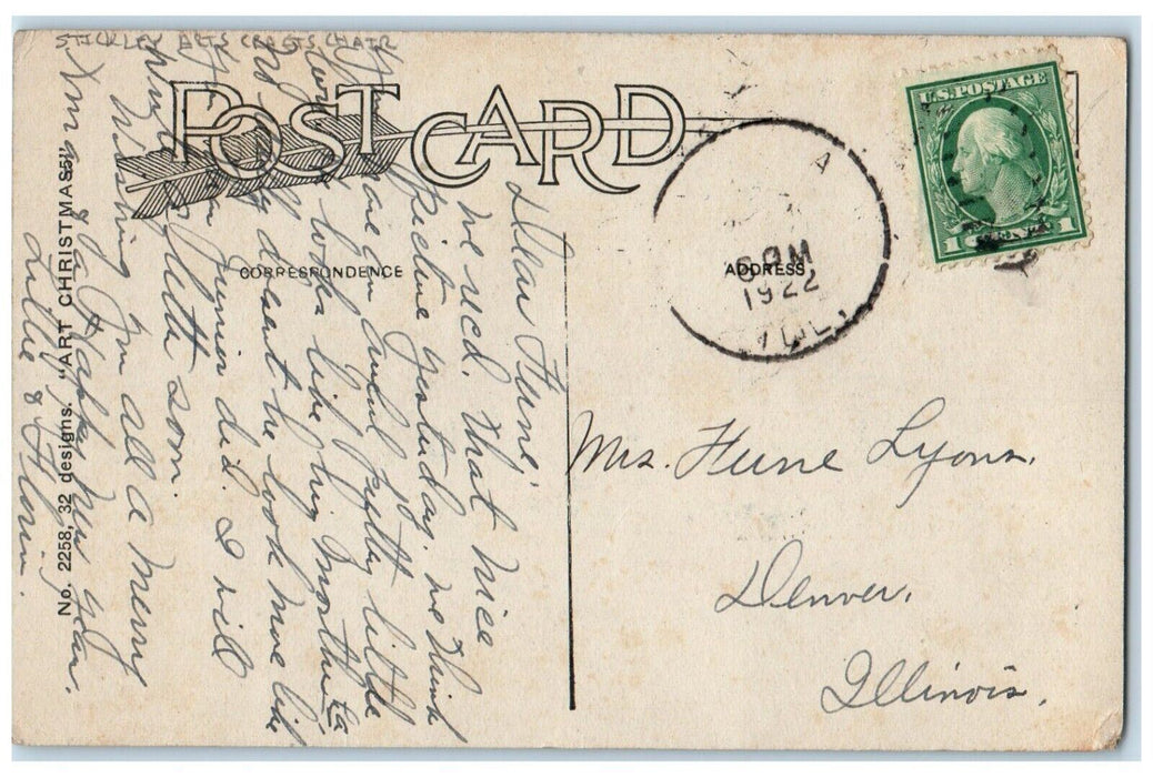1922 Christmas Seasons Greetings Stickley Arts Crafts Chair Vintage Postcard