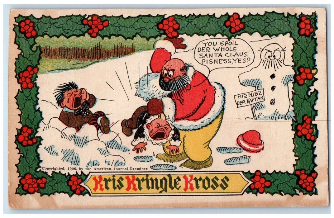 c1905 Christmas Santa Claus Beaten Naughty Children Holly Berries Postcard