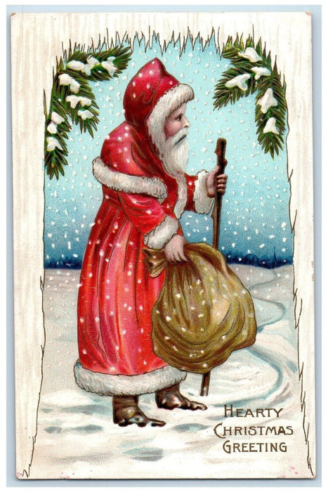 c1910's Christmas Greetings Santa Claus Sack Of Toys Pine Leaf Snowfall Postcard