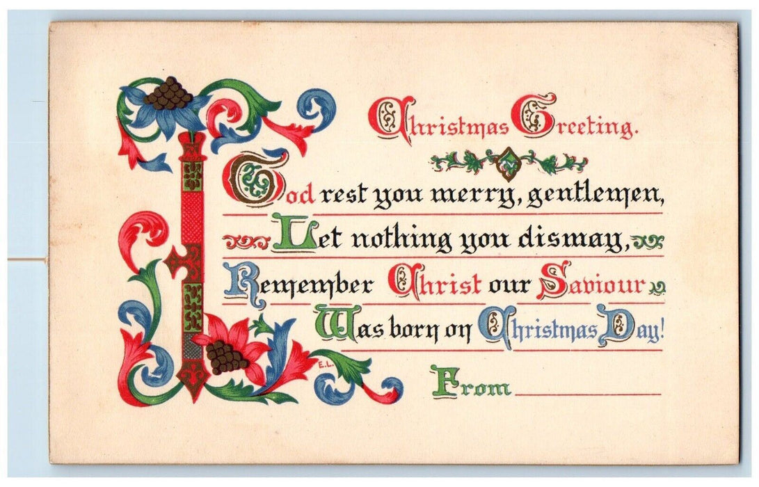 c1910's Christmas Greetings Flowers Religious Motto Poem Antique Postcard