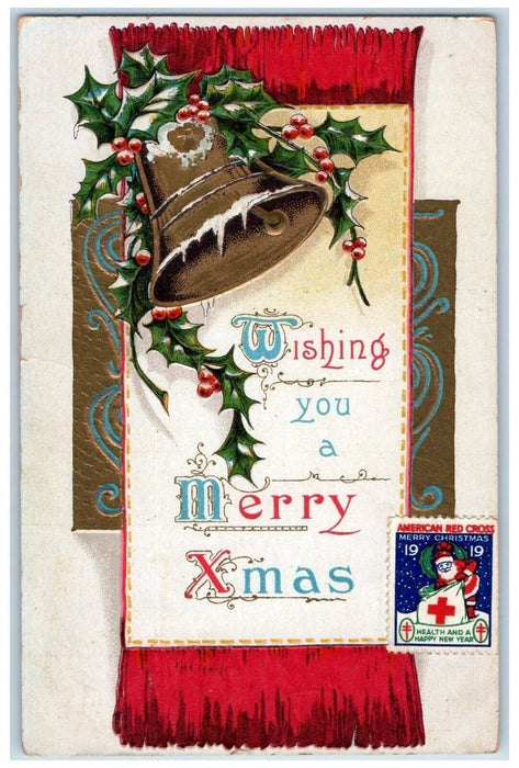 c1910's Christmas Holly Berries Ringing Bell Embossed Athens OH Seal Postcard