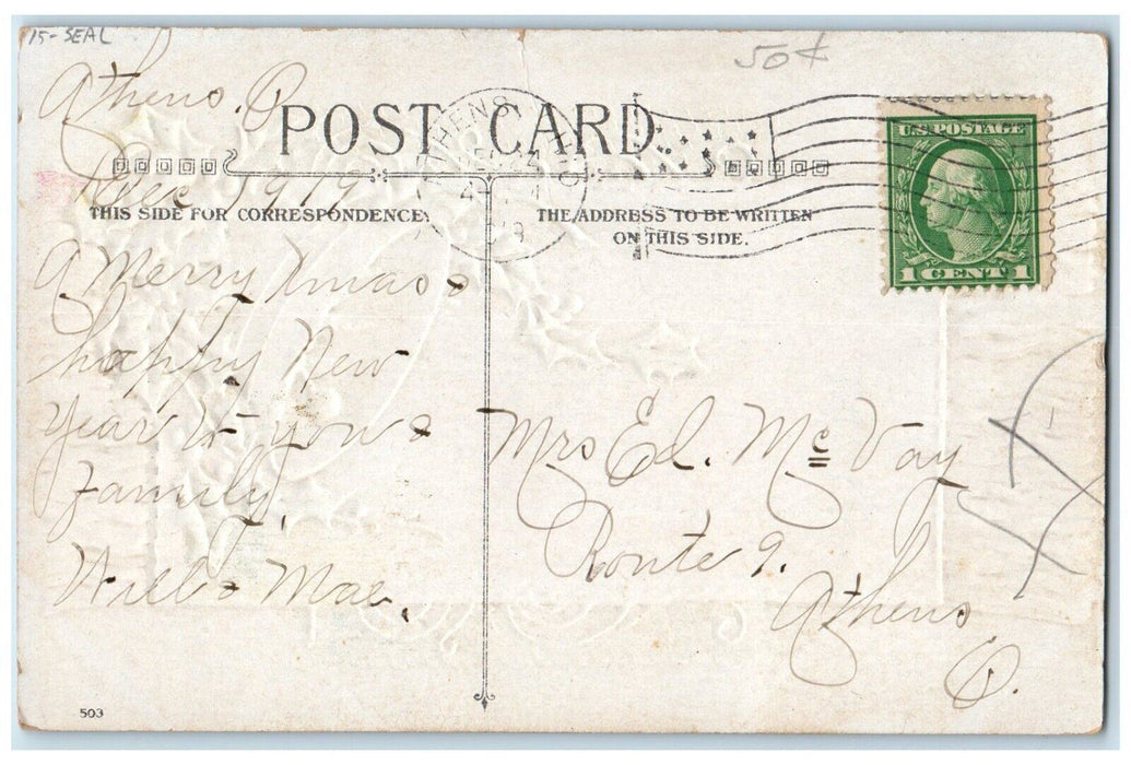 c1910's Christmas Holly Berries Ringing Bell Embossed Athens OH Seal Postcard