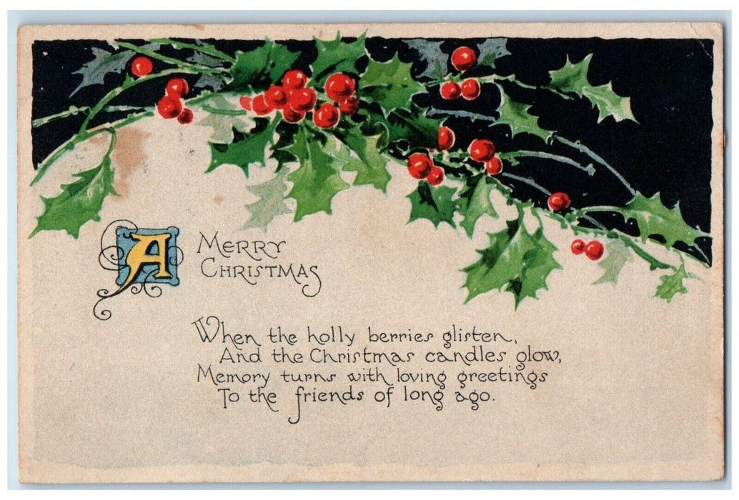 1924 Christmas Holly Berries Qoutes Everette Washington WA Vintage Postcard