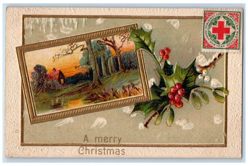 1910 Christmas Holly Berries House Chimney Winter Embossed Antique Postcard