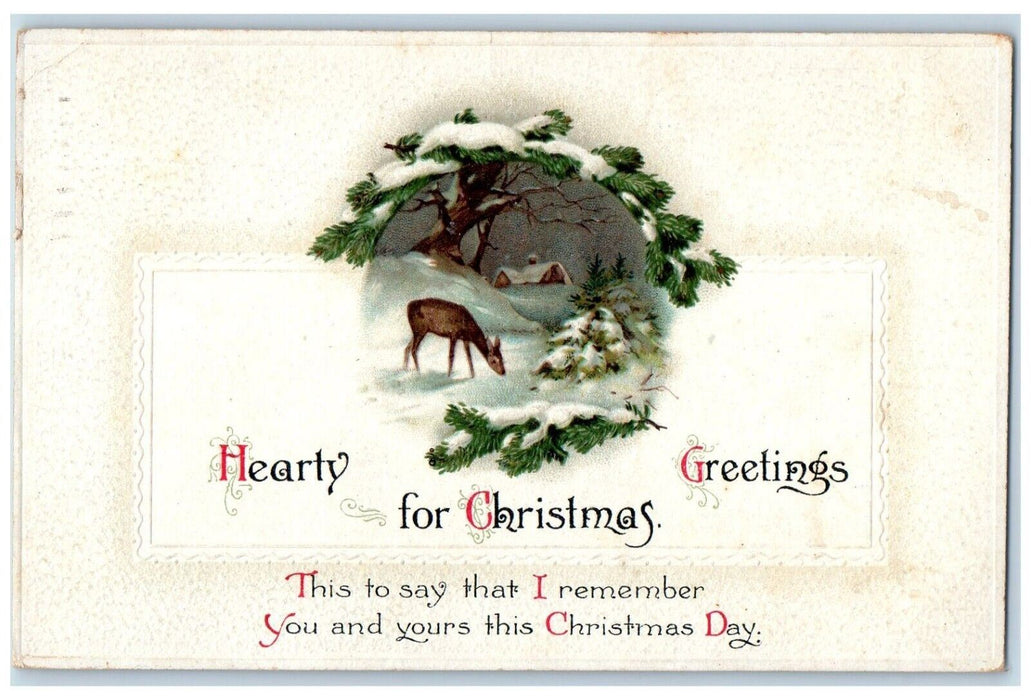 1914 Christmas Greetings Deer Winter Snow Pine Leaf Clapsaddle Antique Postcard
