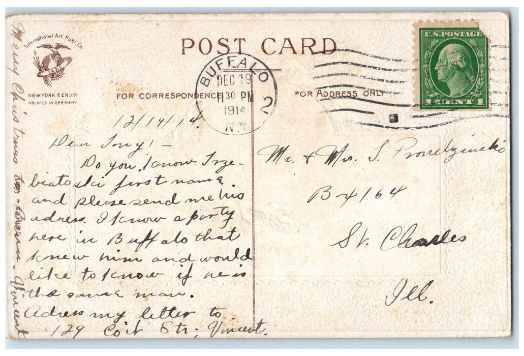 1914 Christmas Greetings Deer Winter Snow Pine Leaf Clapsaddle Antique Postcard