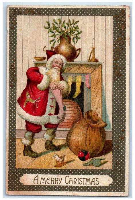 1909 Christmas Santa Claus Sack Of Toys Stockings Embossed Atwood NY Postcard