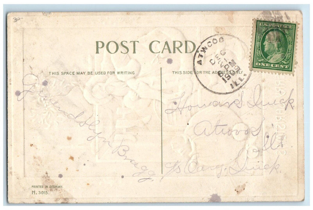 1909 Christmas Santa Claus Sack Of Toys Stockings Embossed Atwood NY Postcard