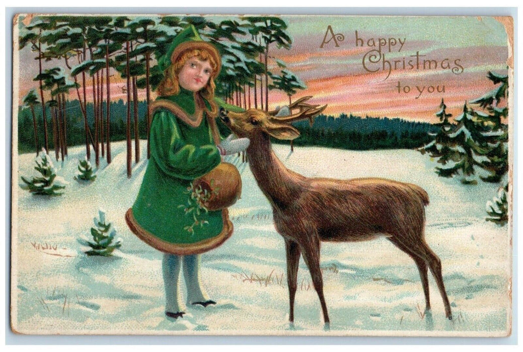 c1910's Christmas Girl And Deer Winter Snow Pine Trees Embossed Antique Postcard