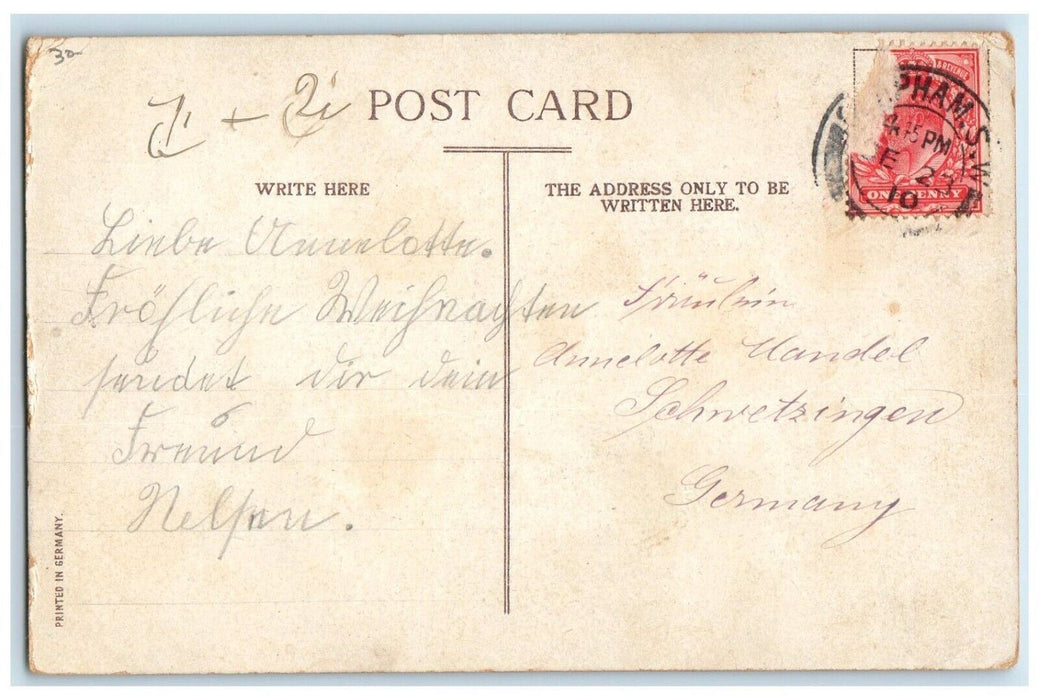 c1910's Christmas Girl And Deer Winter Snow Pine Trees Embossed Antique Postcard