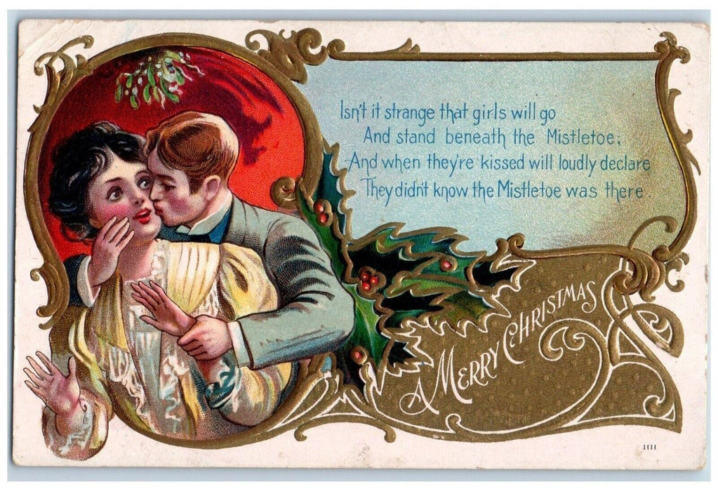 c1910's Christmas Sweet Couple Romance Mistletoe Embossed Antique Postcard