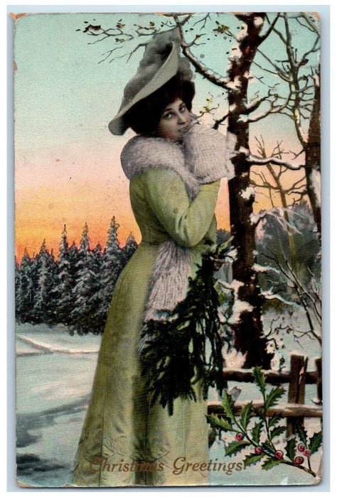 c1910's Christmas Greetings Girl Handwarmer Winter Snow Embossed Gel Postcard