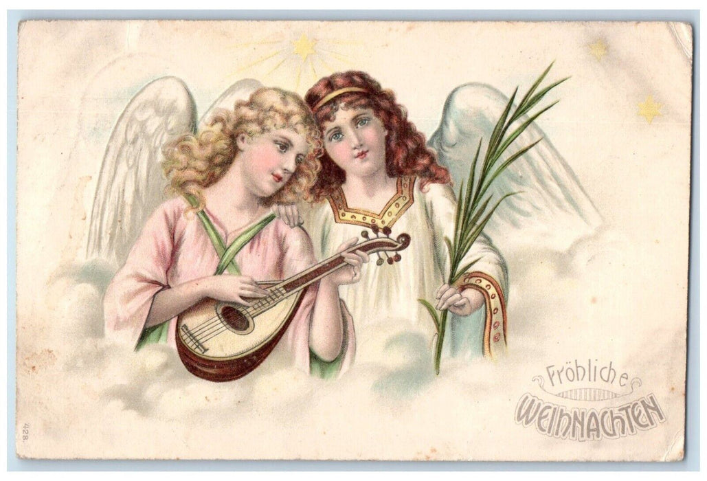 c1910's Christmas Angels Playing Banjo Holly Leaf Embossed Germany Postcard
