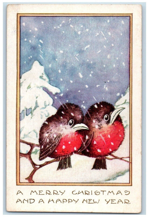 c1910's Christmas Birds Pine Trees Snowfalls Embossed Unposted Antique Postcard