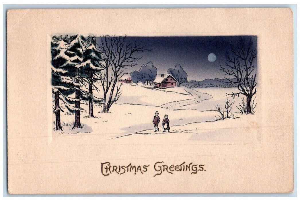 c1910's Christmas Greetings People Walking Pine Trees Moon Winter Snow Postcard