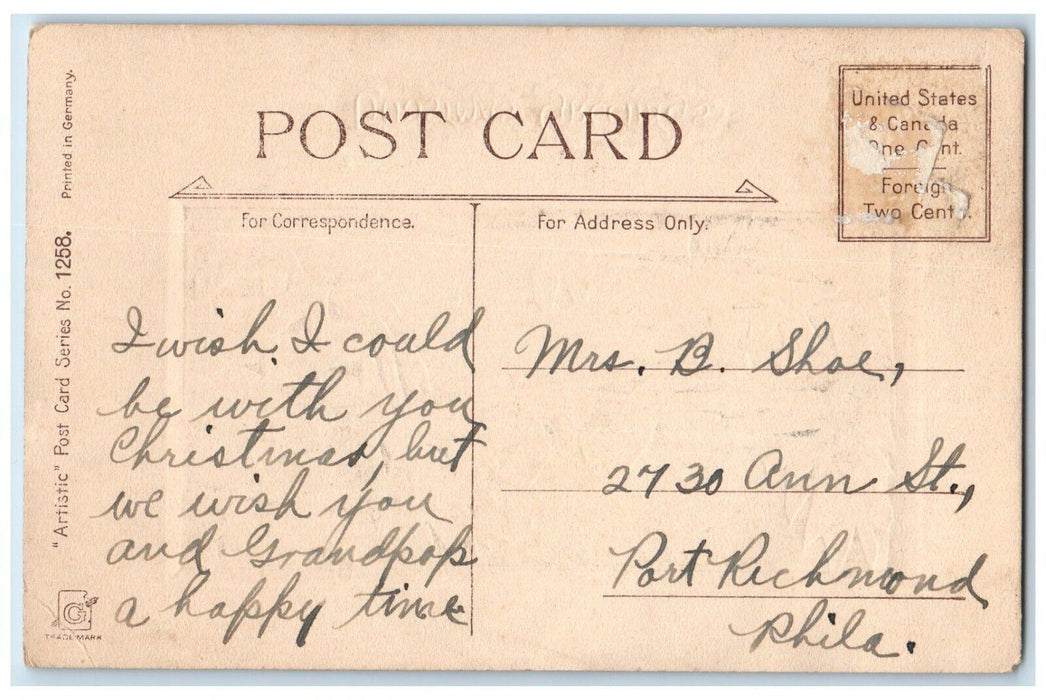 c1910's Christmas Greetings People Walking Pine Trees Moon Winter Snow Postcard