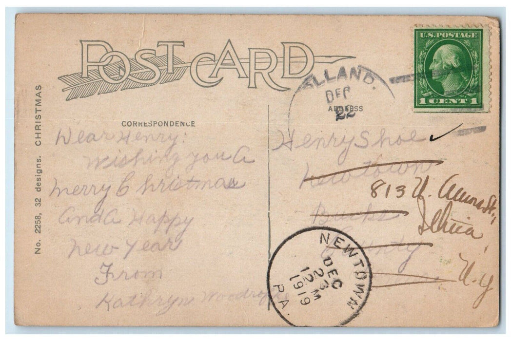 1919 Christmas Message Pine Cones House Winter Snow Newtown PA Antique Postcard