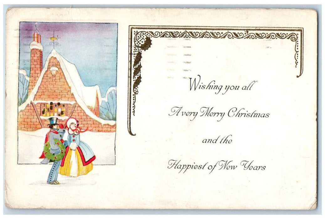 1928 Christmas And Happy New Year Boy Girl Holly Church Winter Snow Postcard