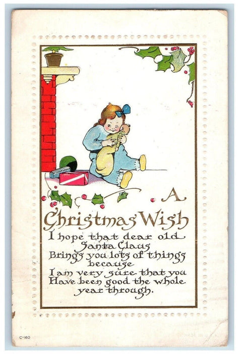 c1910's Christmas Wish Little Girl Stockings Full Of Toys Holly Berries Postcard