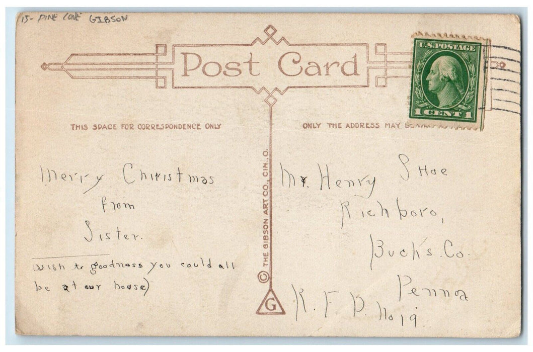 c1910's Christmas Wishes Pine Cones House Church Winter Snow Gibson Postcard